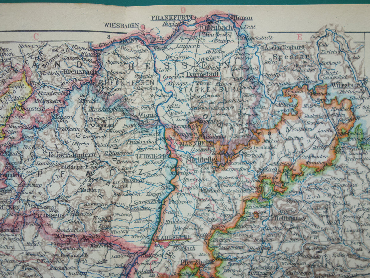 Oude landkaart van Baden-Württemberg Duitsland uit 1928 originele vintage kaart Stuttgart Elzas-Lotharingen