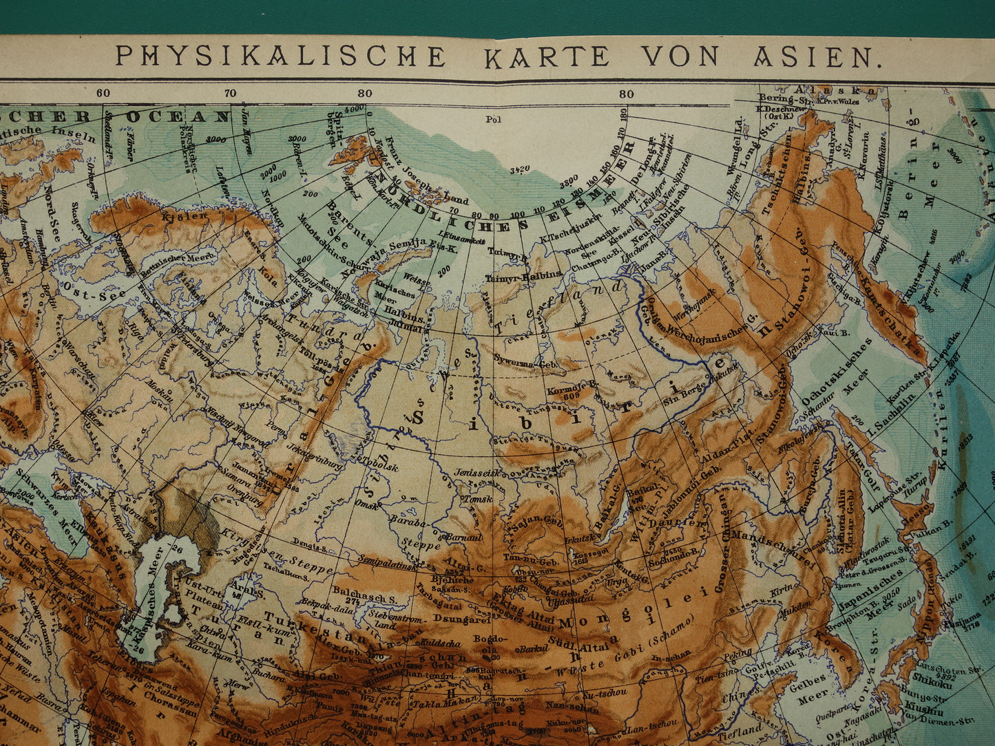 AZIË oude kaarten van Azië uit 1909 set van 2 originele antieke Duitse landkaarten Politieke kaart en hoogtekaart