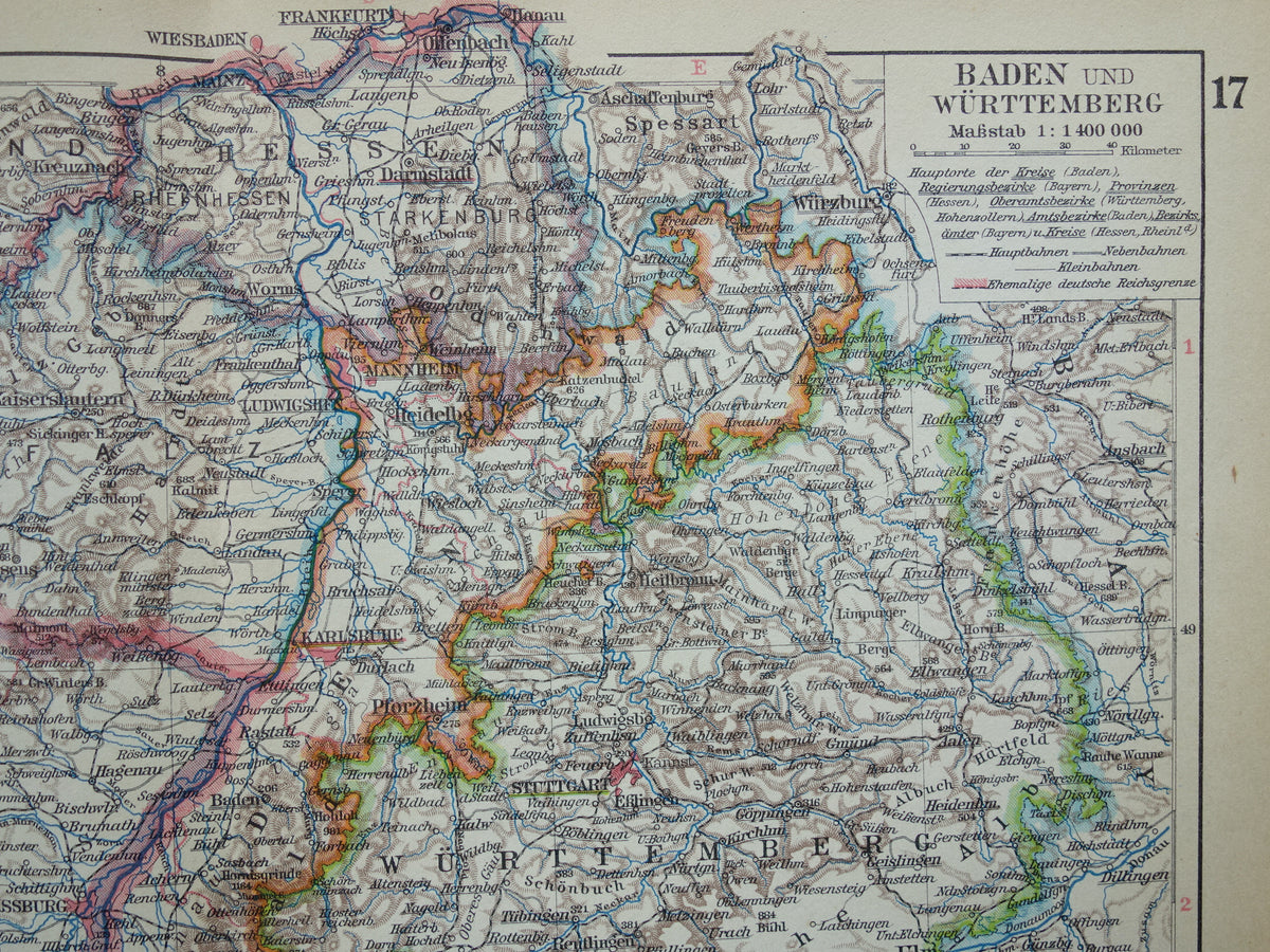 Oude landkaart van Baden-Württemberg Duitsland uit 1928 originele vintage kaart Stuttgart Elzas-Lotharingen