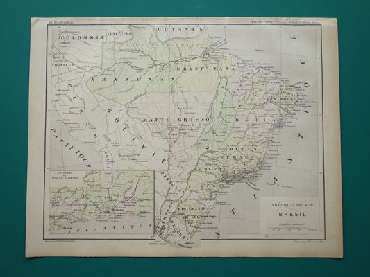 Vintage kaart van Brazilië Originele antieke Franse handgekleurde landkaart