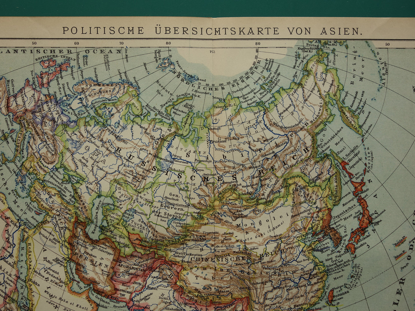 AZIË oude kaarten van Azië uit 1909 set van 2 originele antieke Duitse landkaarten Politieke kaart en hoogtekaart