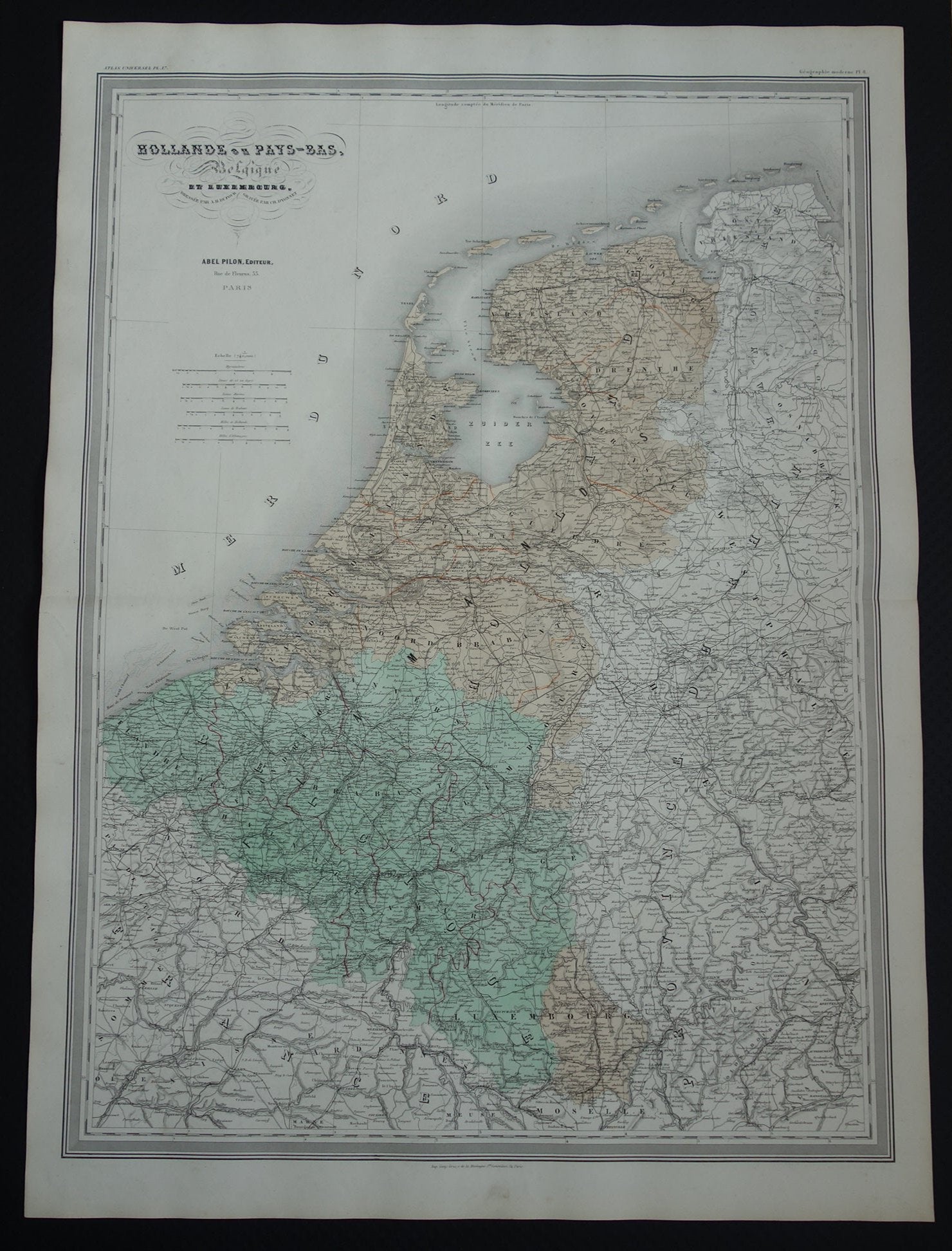 Grote Oude landkaart van Nederland en België 1880 originele antieke zeer grote kaart poster
