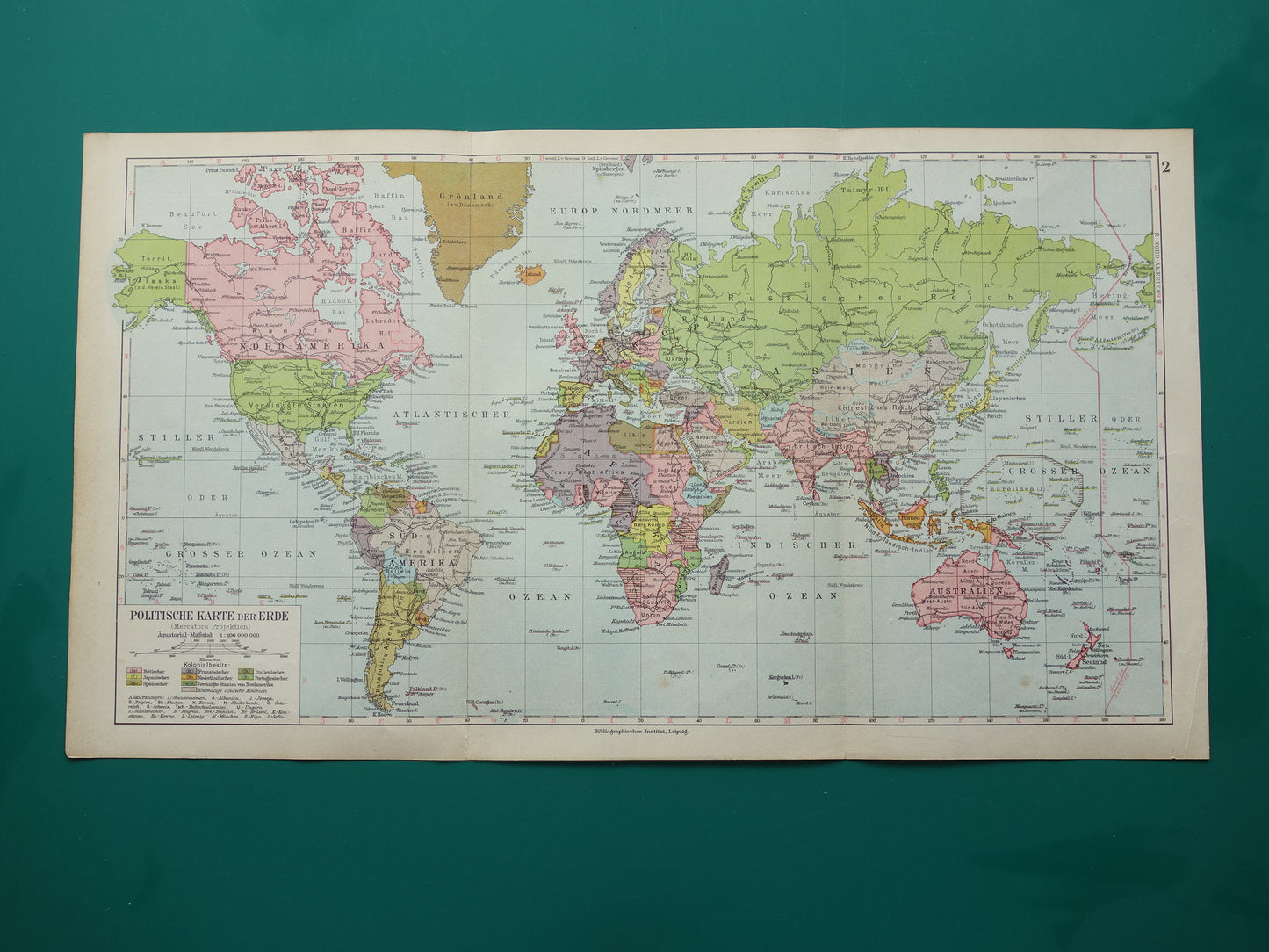 Oude WERELDKAART uit 1928 originele Duitse vintage kaart van de wereld