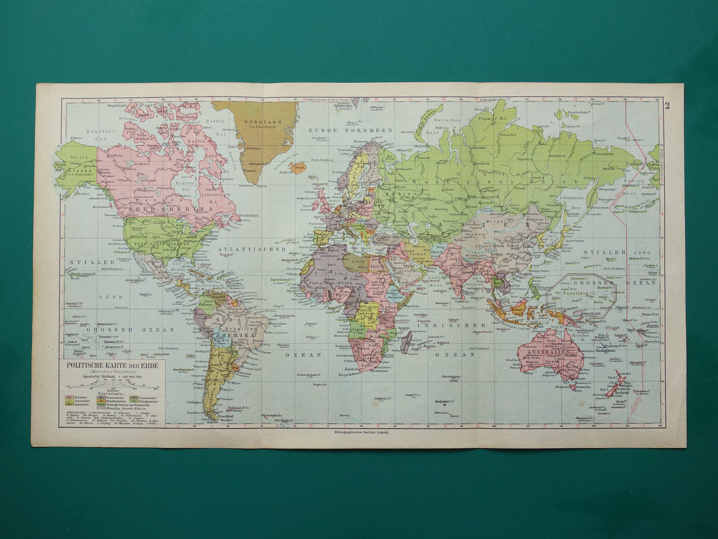 Oude WERELDKAART uit 1928 originele Duitse vintage kaart van de wereld