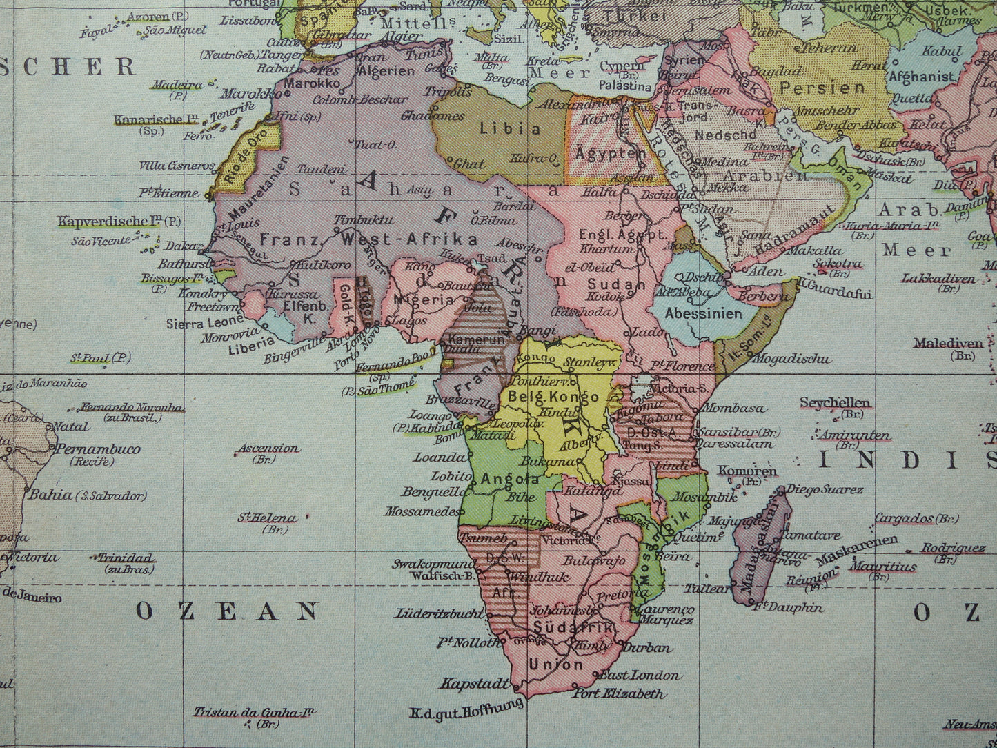 Oude WERELDKAART uit 1928 originele Duitse vintage kaart van de wereld