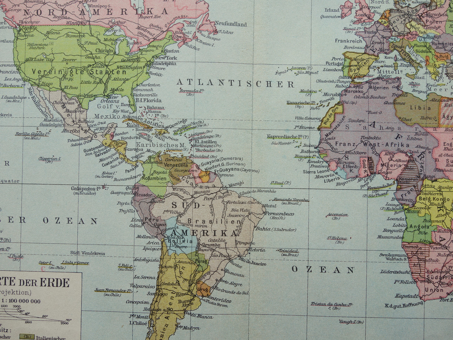 Oude WERELDKAART uit 1928 originele Duitse vintage kaart van de wereld