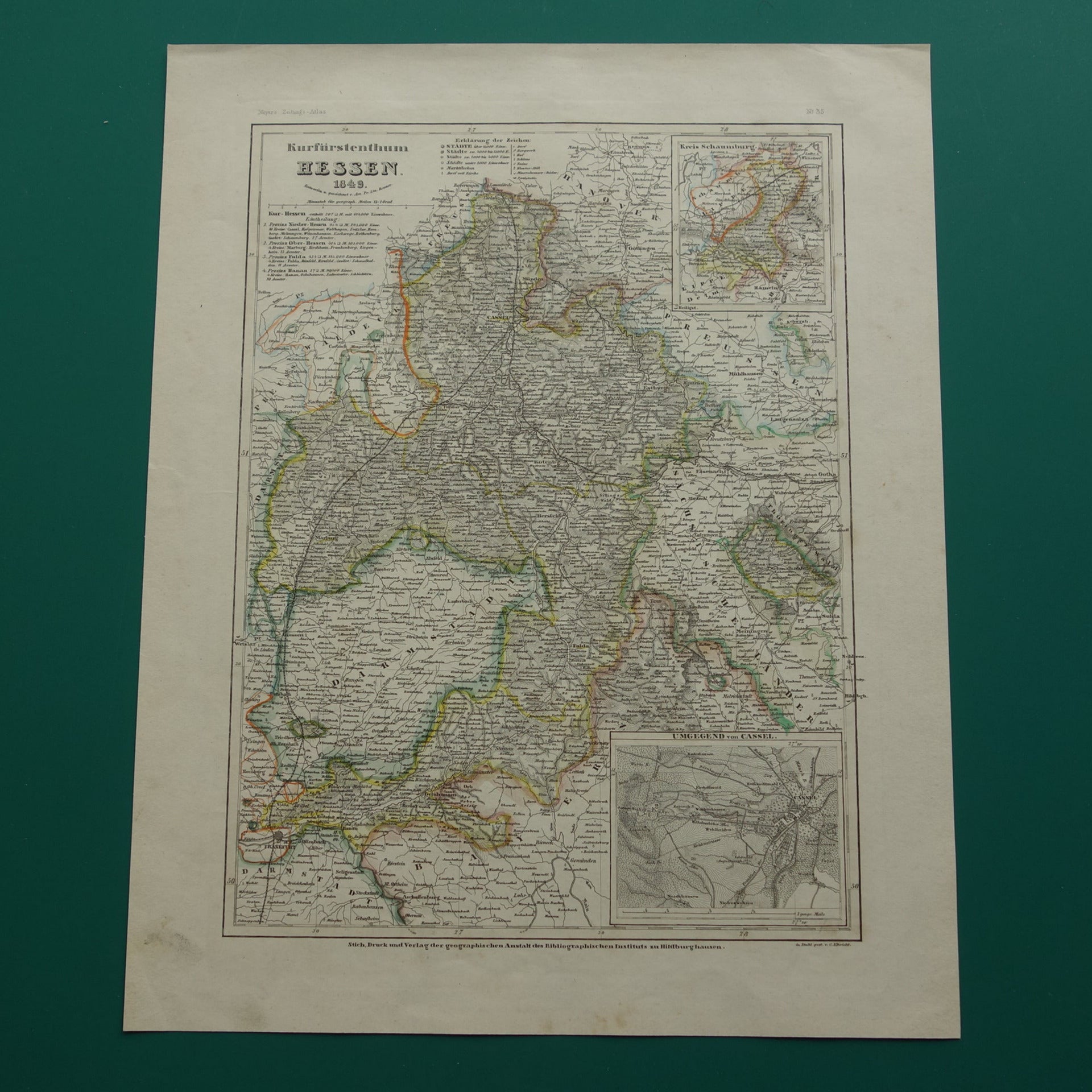 HESSEN Duitsland oude kaart uit 1849 - originele antieke landkaart Duitsland - vintage historische kaarten Kassel