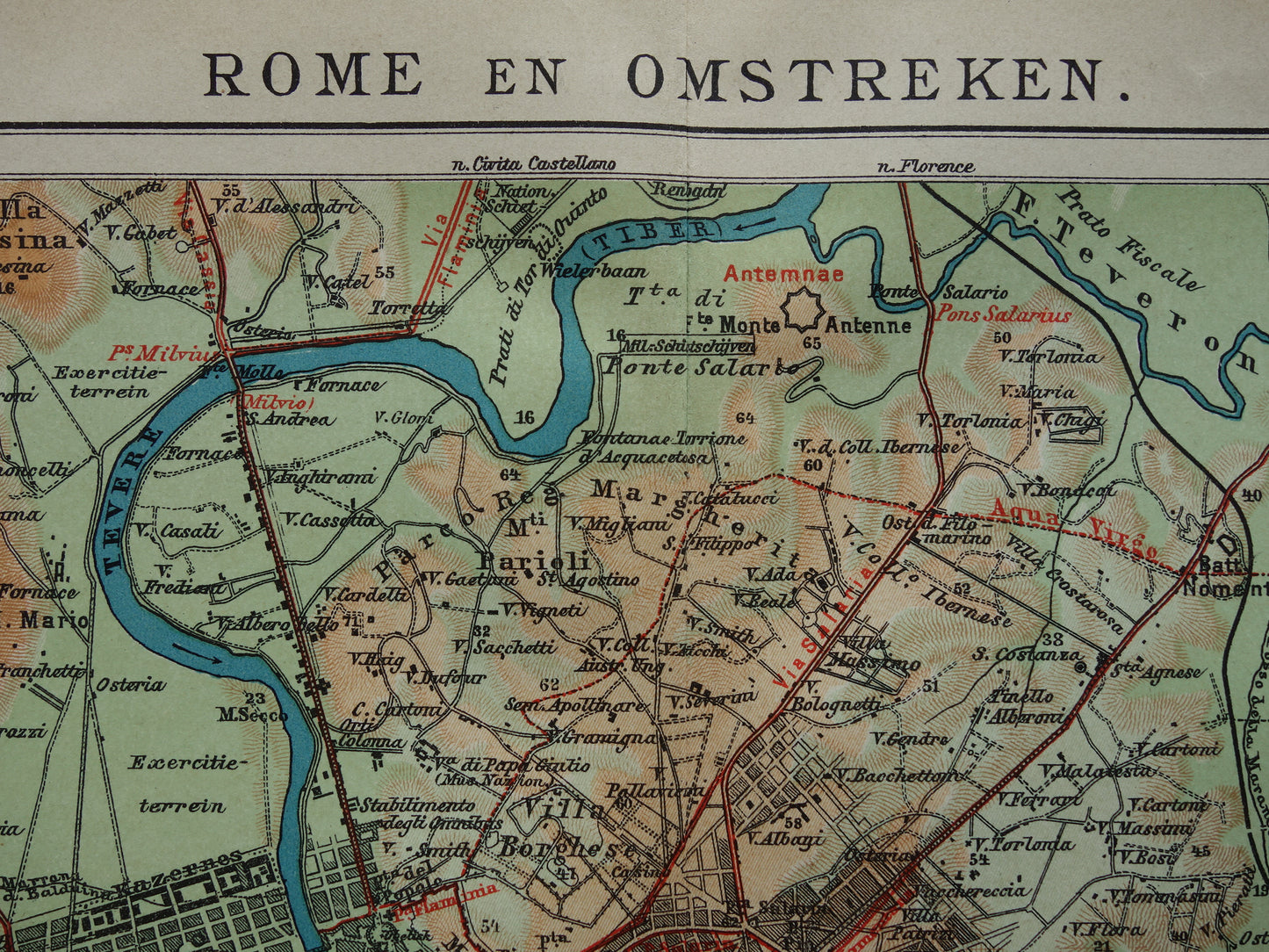 Oude landkaart van Rome en omgeving uit 1910 originele Nederlandse antieke kaart van Rome Italië