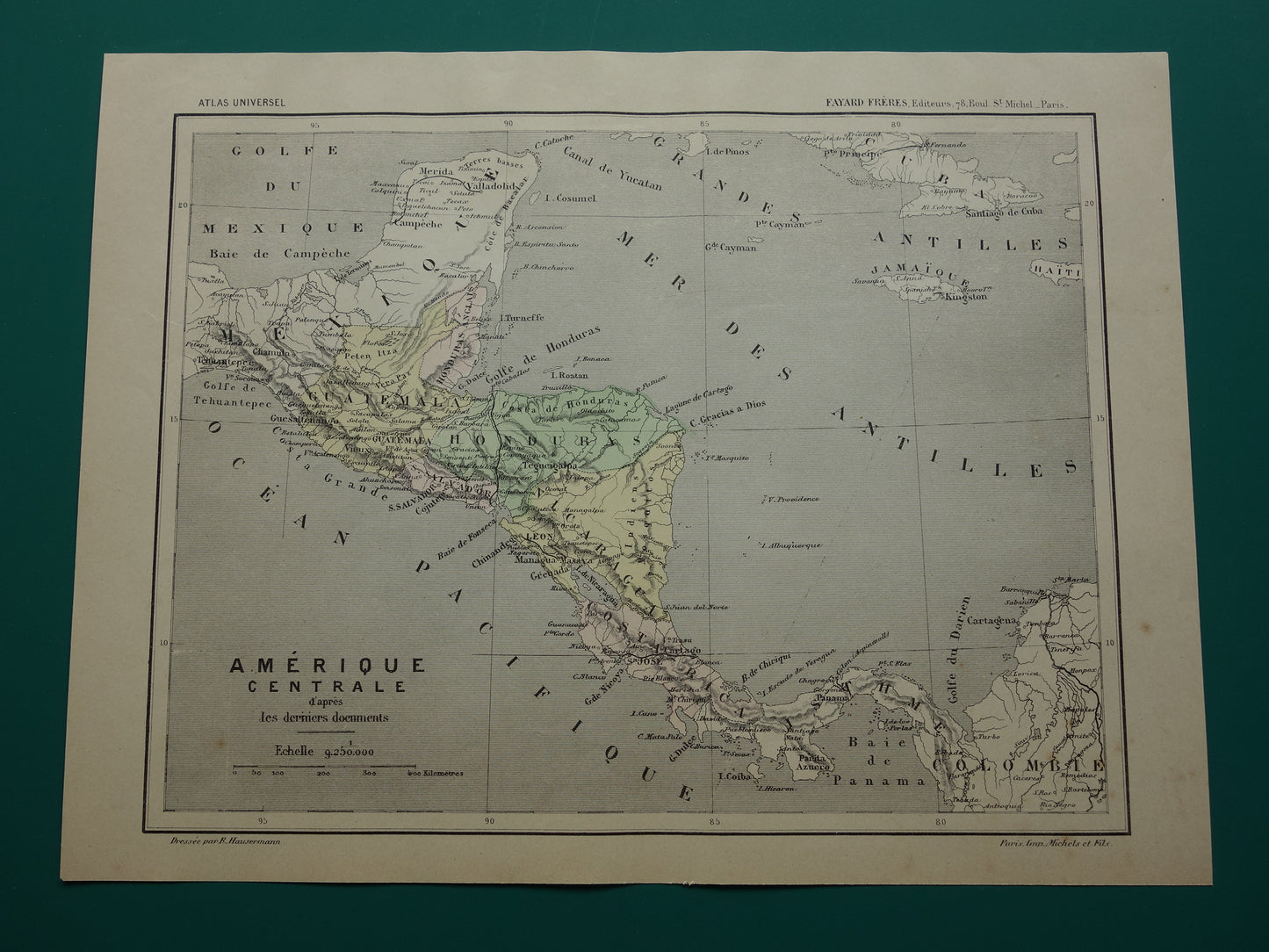 MIDDEN-AMERIKA Oude kaart uit 1896 van Centraal-Amerika originele antieke handgekleurde Franse landkaart Honduras Costa Rica Nicaragua vintage kaarten