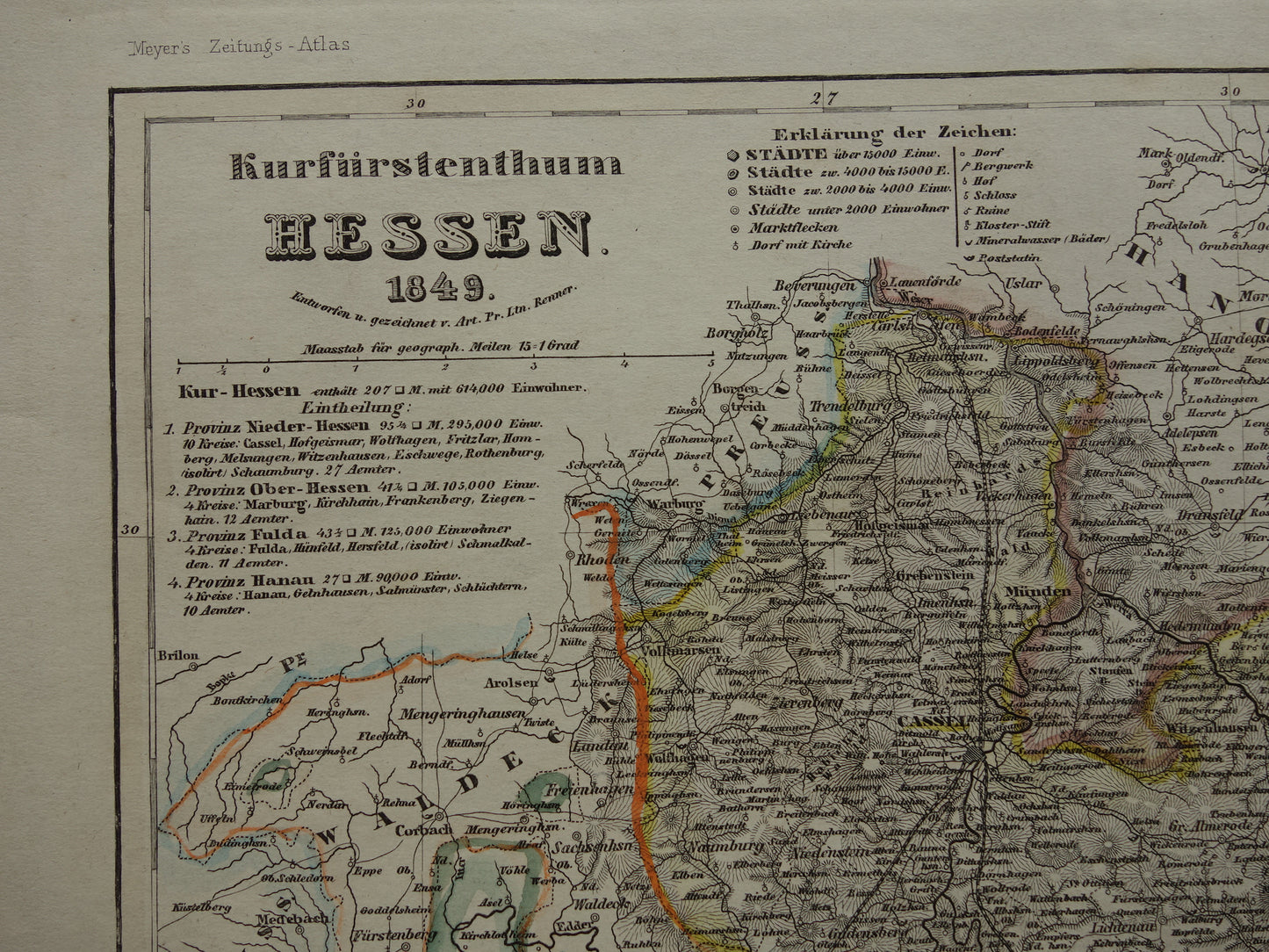 HESSEN Duitsland oude kaart uit 1849 - originele antieke landkaart Duitsland - vintage historische kaarten Kassel