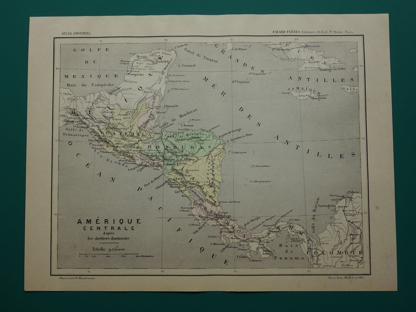 MIDDEN-AMERIKA Oude kaart uit 1896 van Centraal-Amerika originele antieke handgekleurde Franse landkaart Honduras Costa Rica Nicaragua vintage kaarten