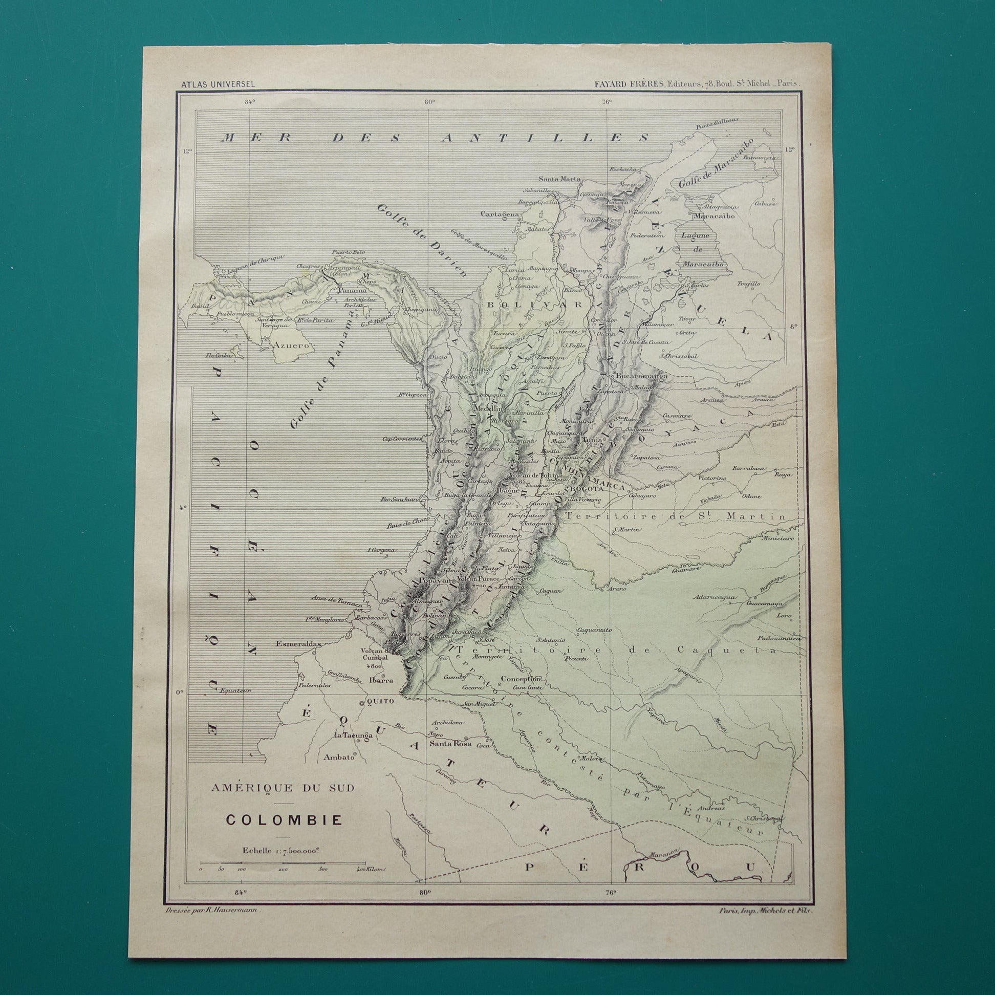 COLOMBIA Oude landkaart van Colombia Originele antieke Franse handgekleurde kaart