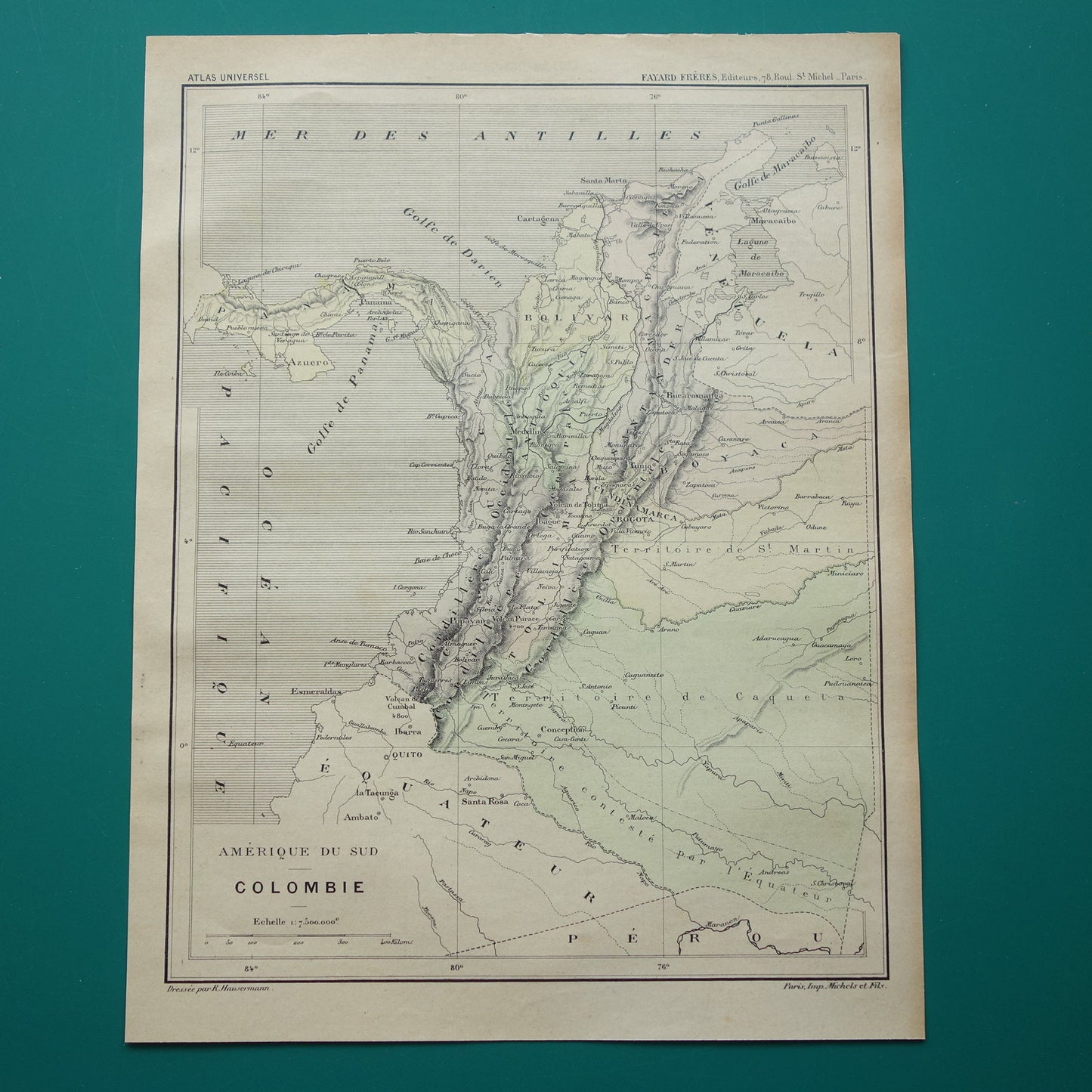 COLOMBIA Oude landkaart van Colombia Originele antieke Franse handgekleurde kaart