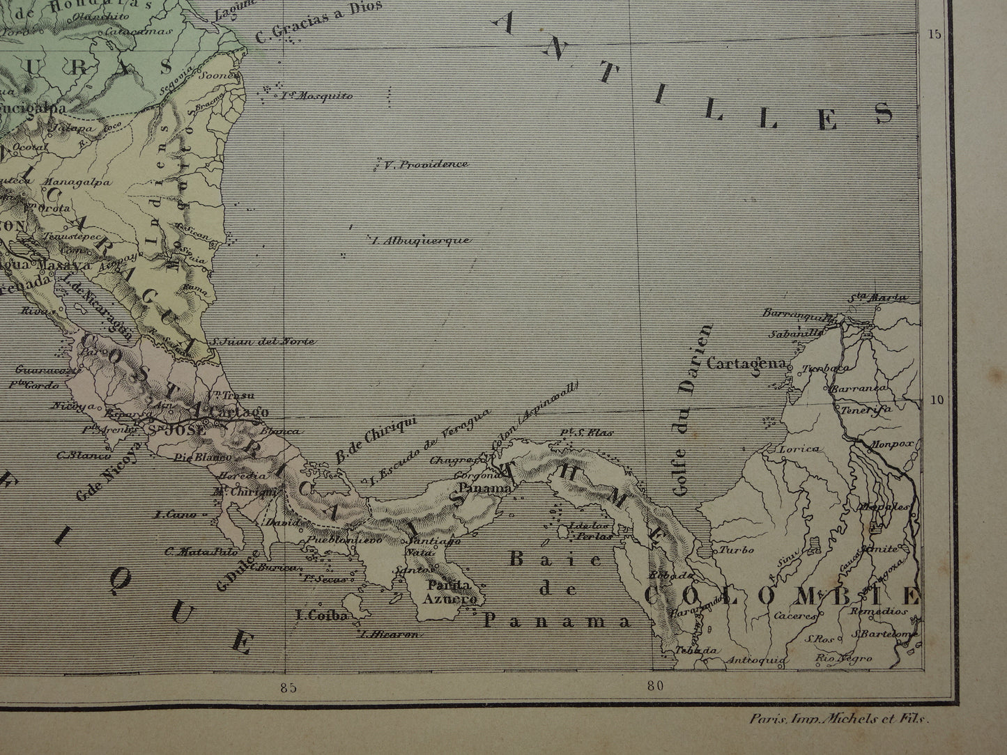 MIDDEN-AMERIKA Oude kaart uit 1896 van Centraal-Amerika originele antieke handgekleurde Franse landkaart Honduras Costa Rica Nicaragua vintage kaarten