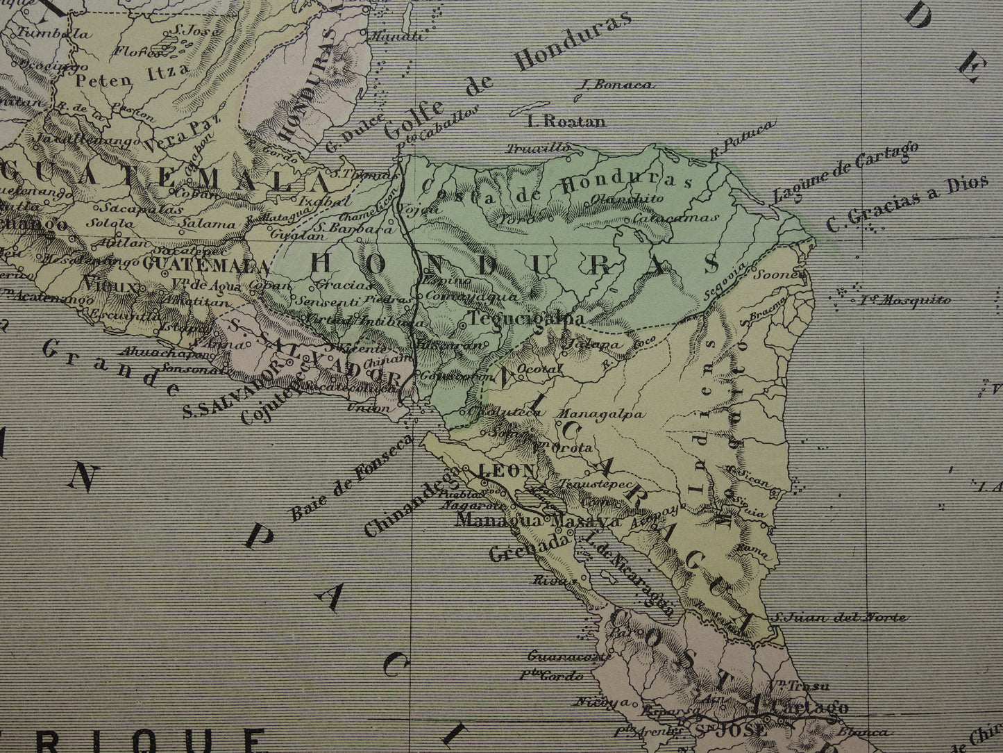 MIDDEN-AMERIKA Oude kaart uit 1896 van Centraal-Amerika originele antieke handgekleurde Franse landkaart Honduras Costa Rica Nicaragua vintage kaarten