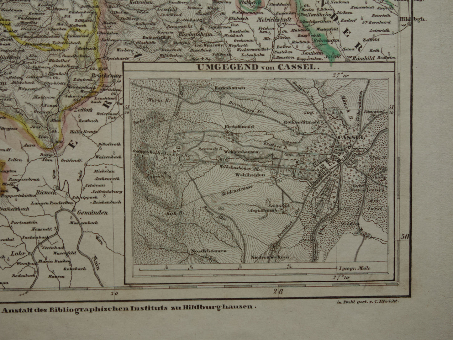 HESSEN Duitsland oude kaart uit 1849 - originele antieke landkaart Duitsland - vintage historische kaarten Kassel