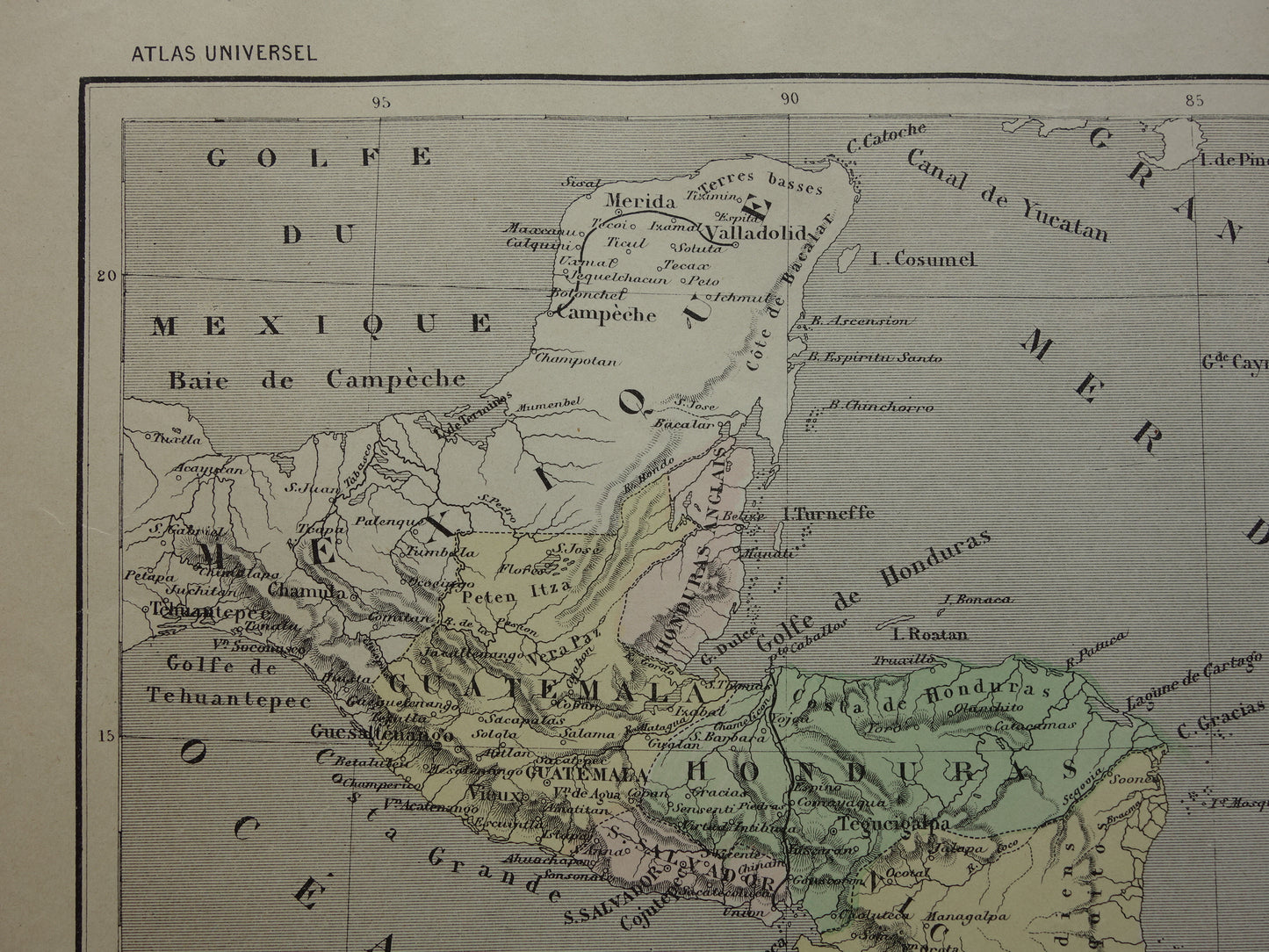 MIDDEN-AMERIKA Oude kaart uit 1896 van Centraal-Amerika originele antieke handgekleurde Franse landkaart Honduras Costa Rica Nicaragua vintage kaarten