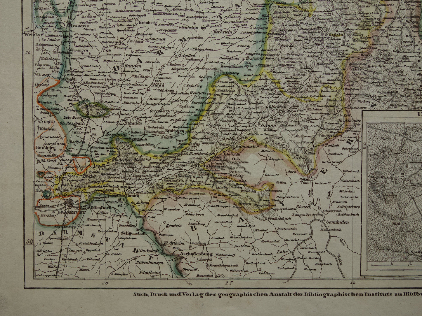 HESSEN Duitsland oude kaart uit 1849 - originele antieke landkaart Duitsland - vintage historische kaarten Kassel