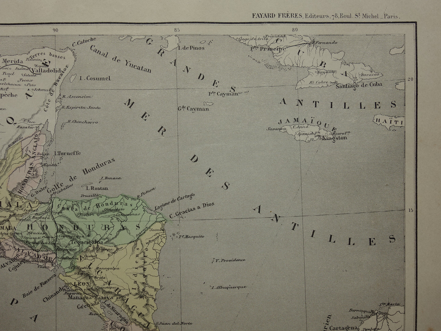 MIDDEN-AMERIKA Oude kaart uit 1896 van Centraal-Amerika originele antieke handgekleurde Franse landkaart Honduras Costa Rica Nicaragua vintage kaarten