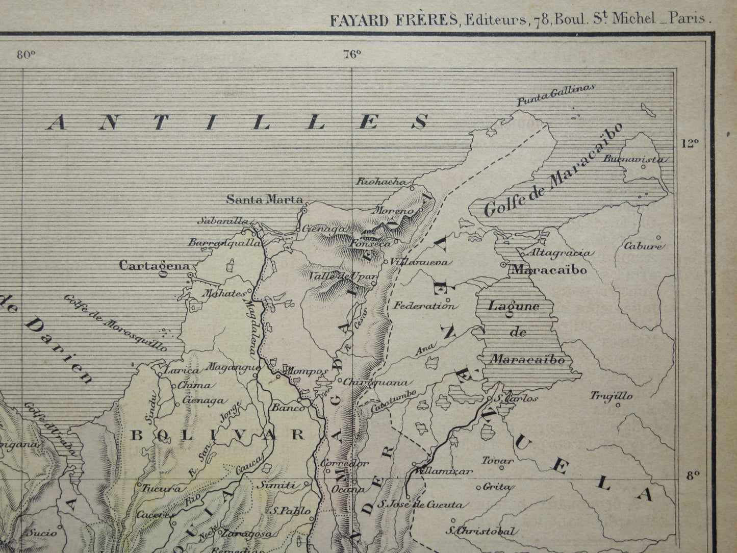 COLOMBIA Oude landkaart van Colombia Originele antieke Franse handgekleurde kaart