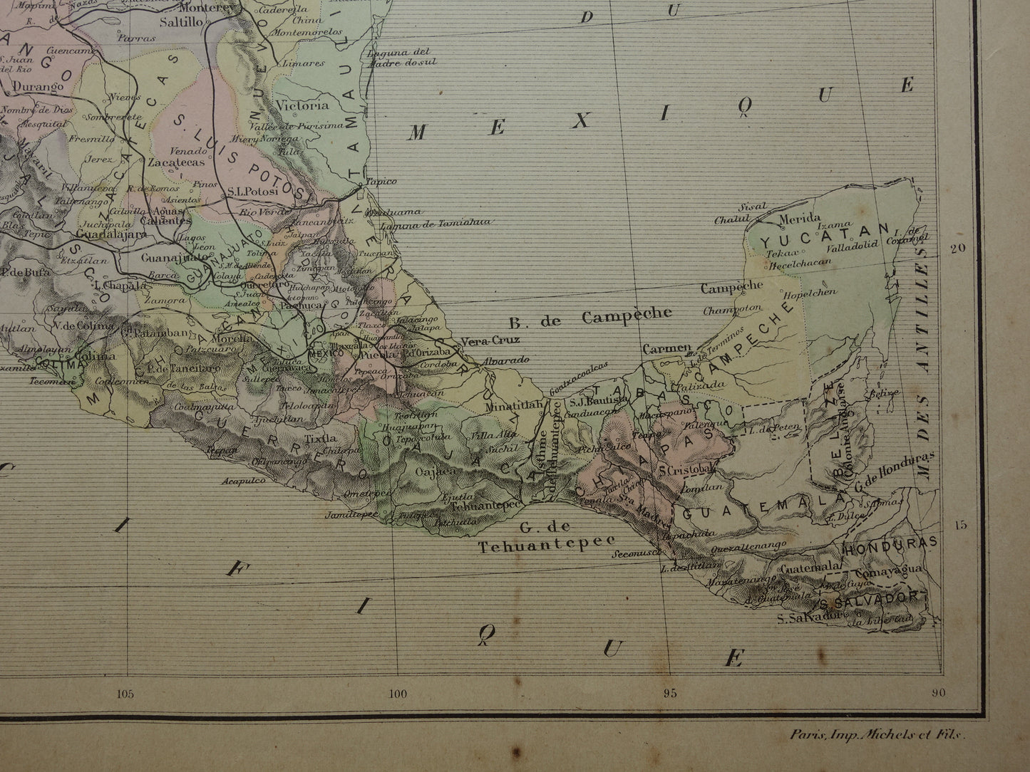 MEXICO oude kaart van Mexico 1896 originele antieke Franse landkaart