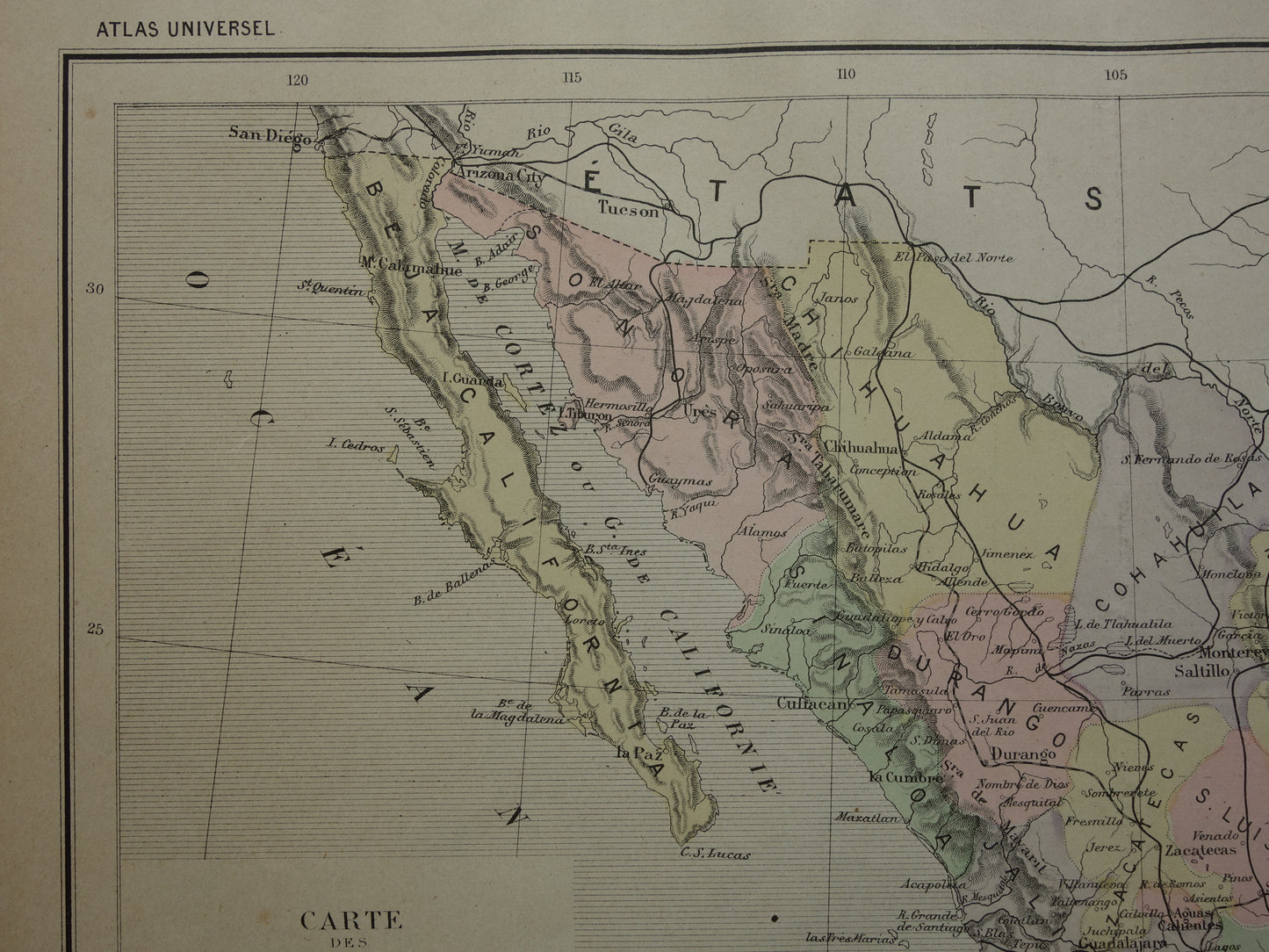 MEXICO oude kaart van Mexico 1896 originele antieke Franse landkaart