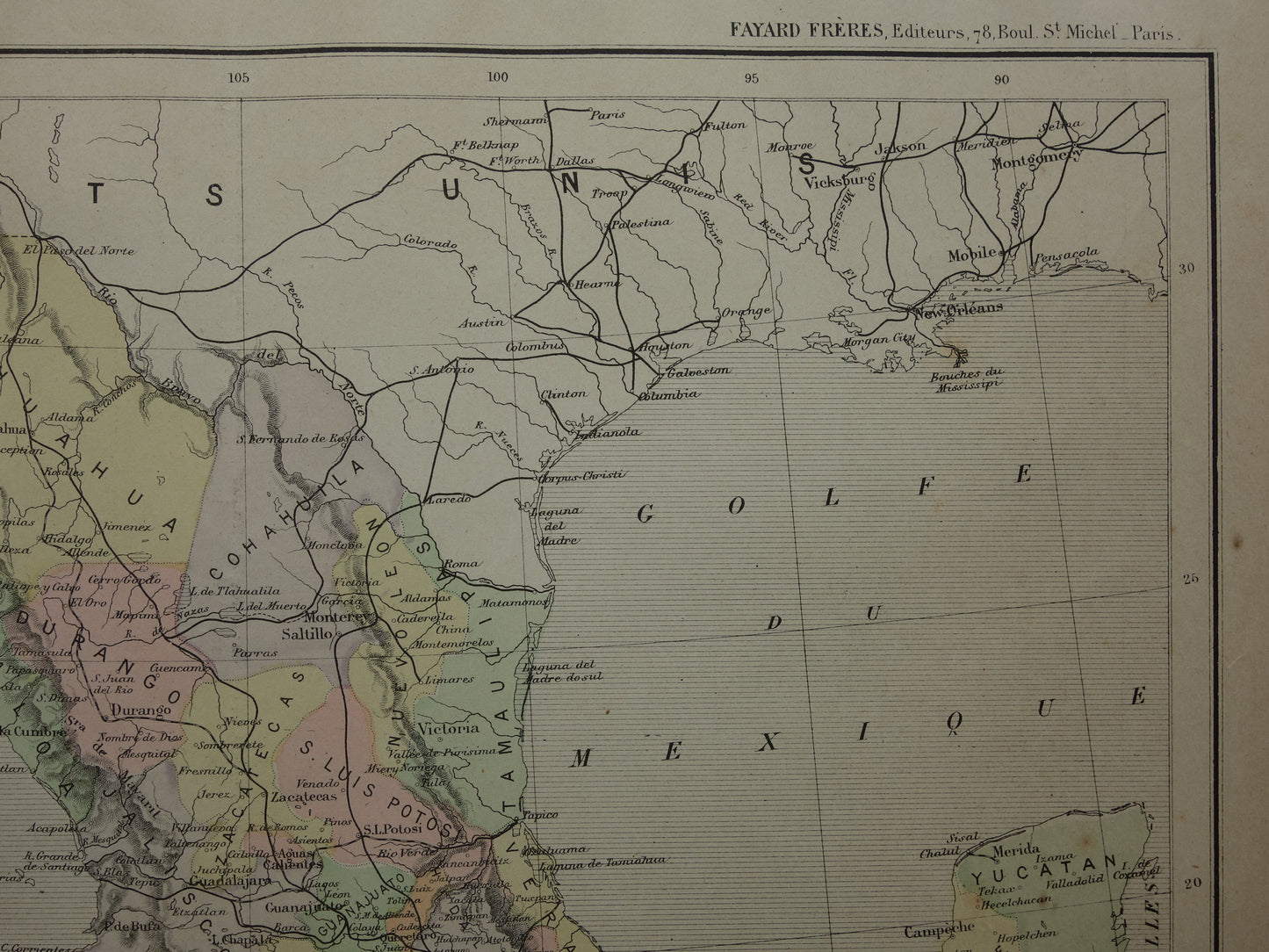 MEXICO oude kaart van Mexico 1896 originele antieke Franse landkaart