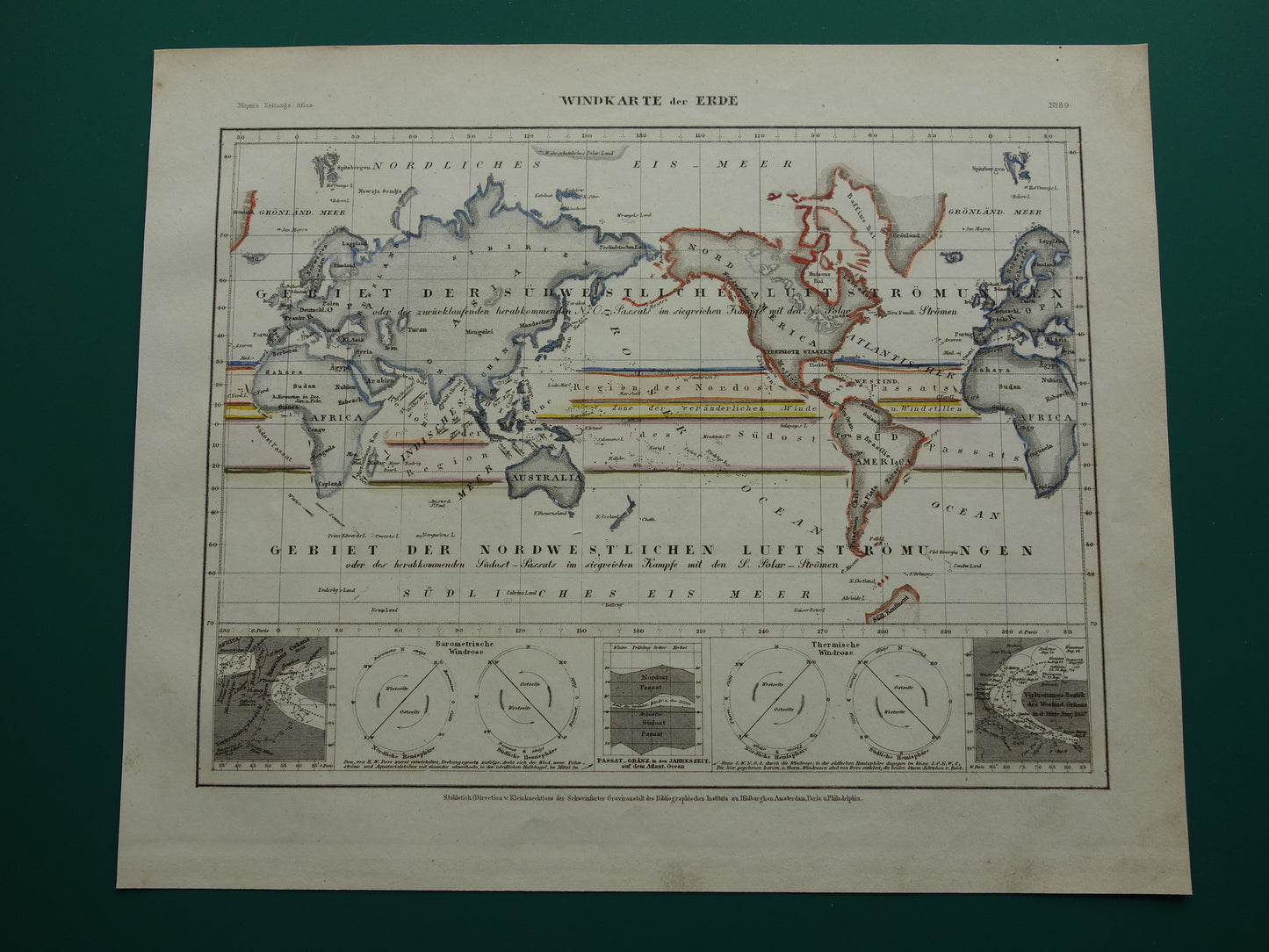 Historische wereldkaart luchtstromingen 1850 originele antieke kaart metereologie wind windrichting landkaart wereld