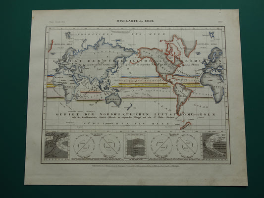 Historische wereldkaart luchtstromingen 1850 originele antieke kaart metereologie wind windrichting landkaart wereld