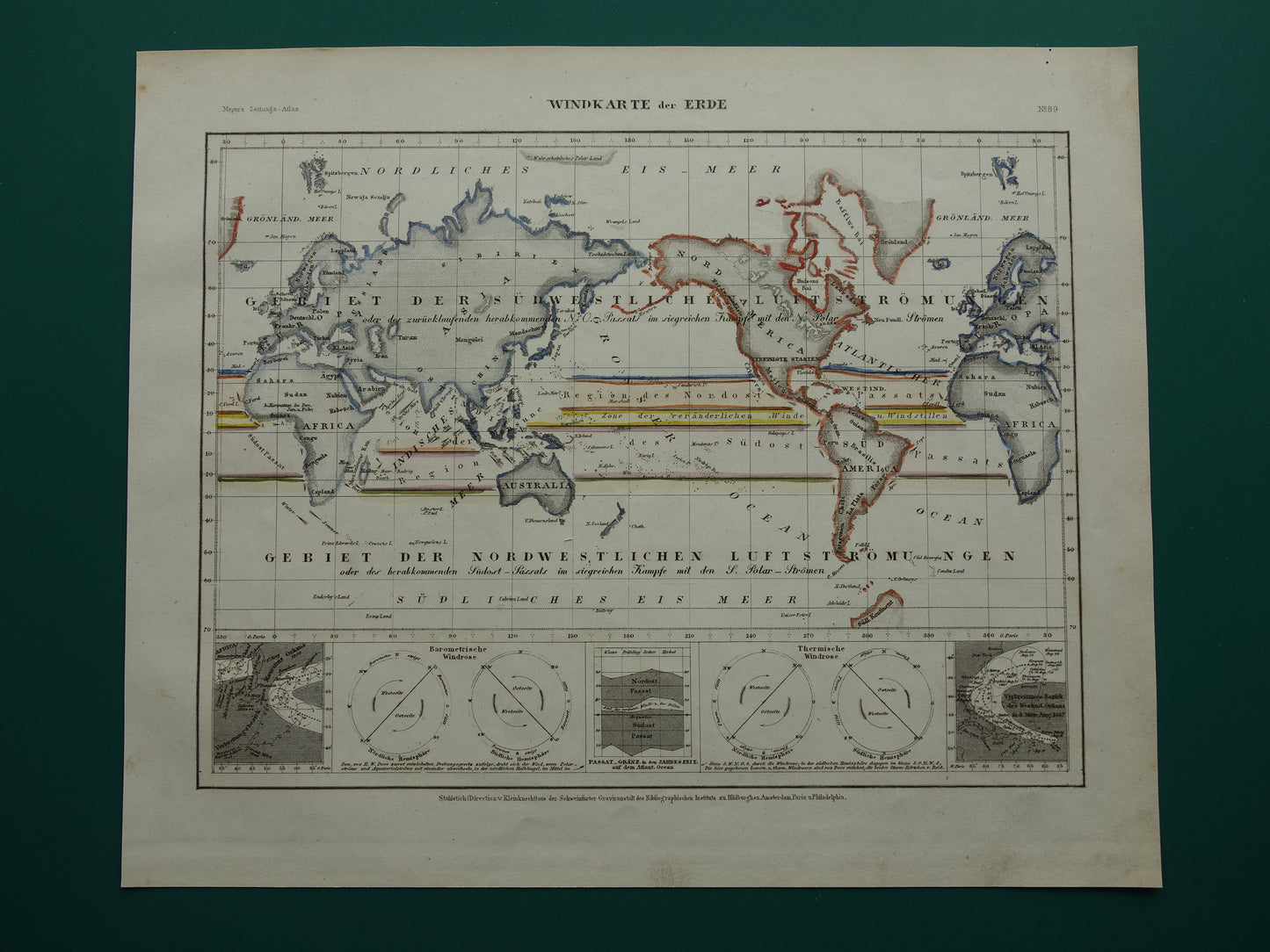 Historische wereldkaart luchtstromingen 1850 originele antieke kaart metereologie wind windrichting landkaart wereld