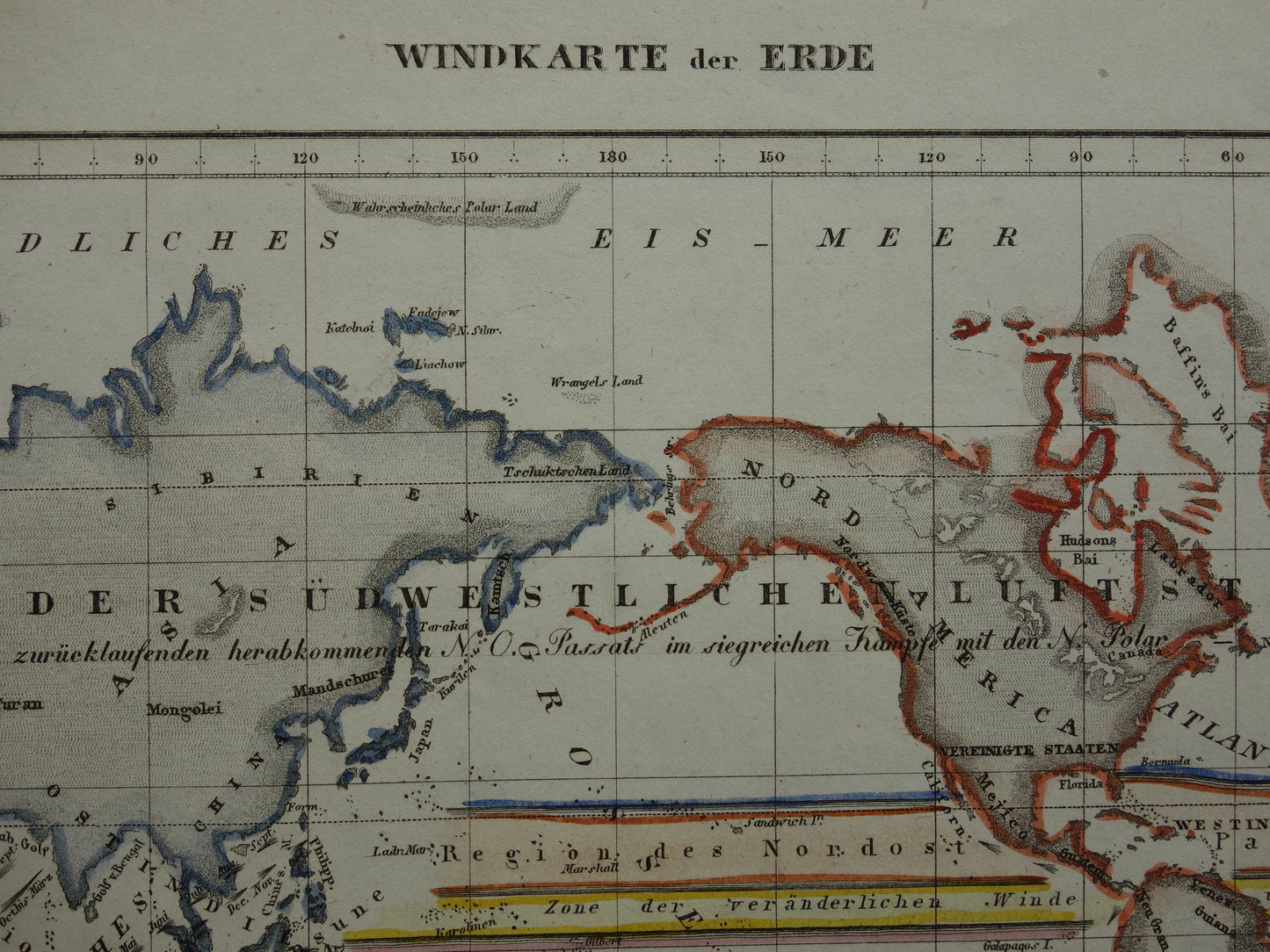 Historische wereldkaart luchtstromingen 1850 originele antieke kaart metereologie wind windrichting landkaart wereld