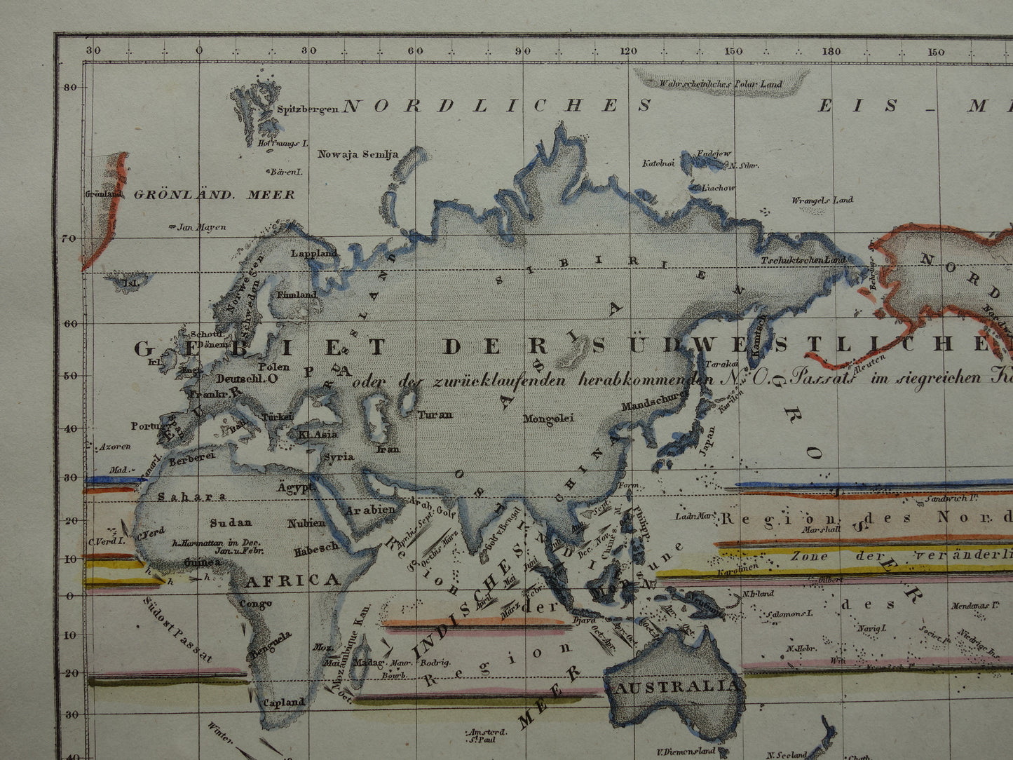 Historische wereldkaart luchtstromingen 1850 originele antieke kaart metereologie wind windrichting landkaart wereld