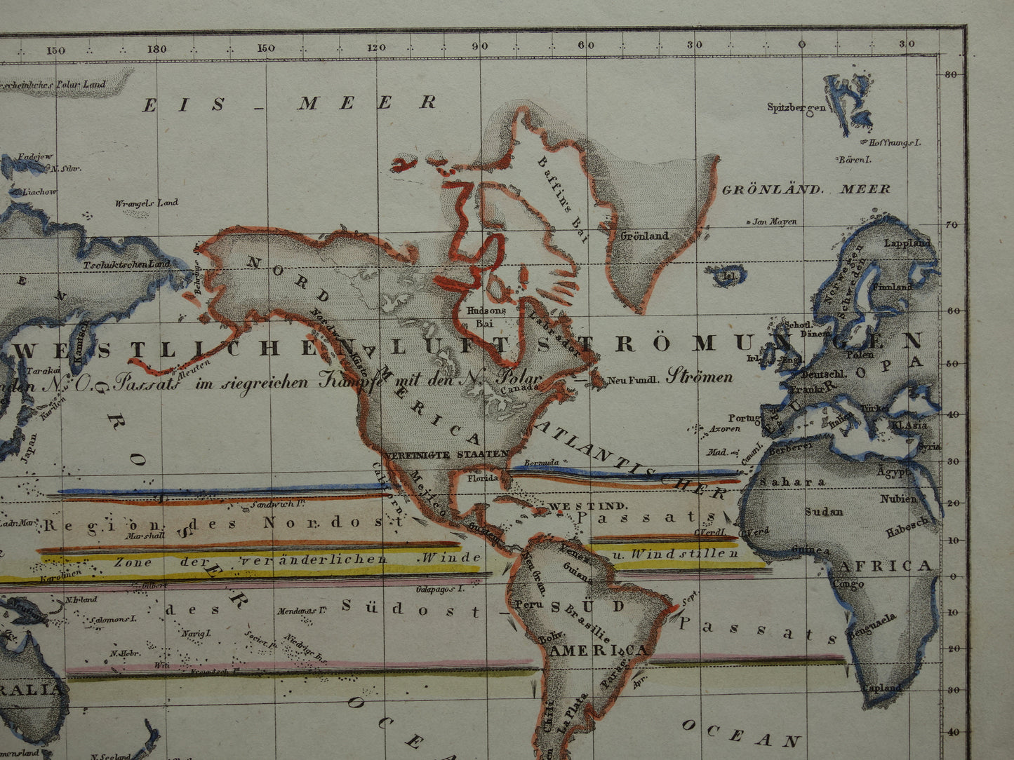 Historische wereldkaart luchtstromingen 1850 originele antieke kaart metereologie wind windrichting landkaart wereld