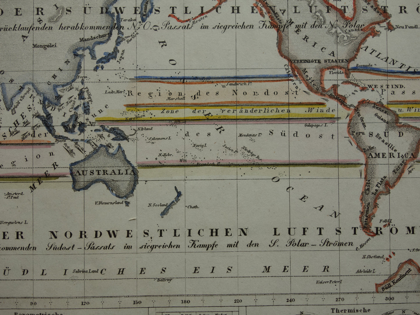 Historische wereldkaart luchtstromingen 1850 originele antieke kaart metereologie wind windrichting landkaart wereld