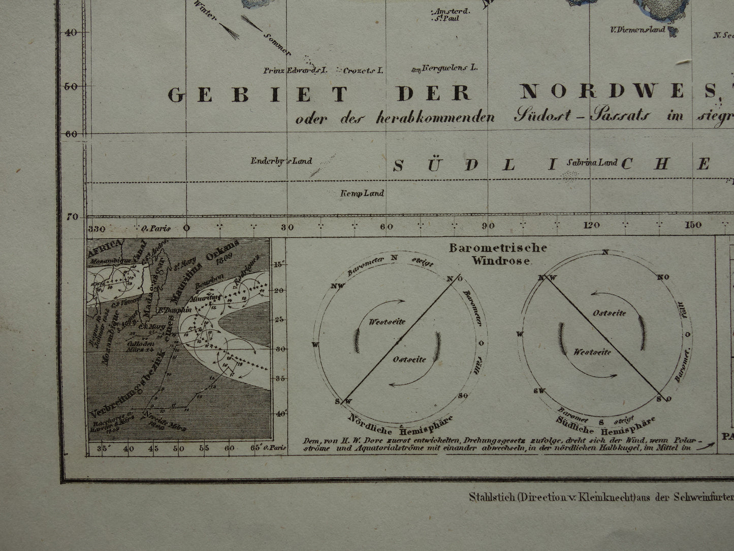 Historische wereldkaart luchtstromingen 1850 originele antieke kaart metereologie wind windrichting landkaart wereld