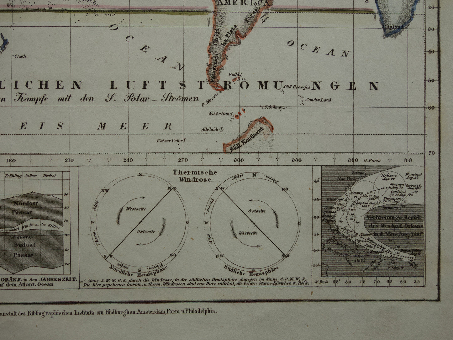 Historische wereldkaart luchtstromingen 1850 originele antieke kaart metereologie wind windrichting landkaart wereld