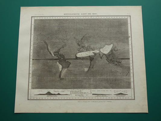 Oude kaart van de wereld regenval / neerslag 1850 originele antieke wereldkaart metereologie klimaat