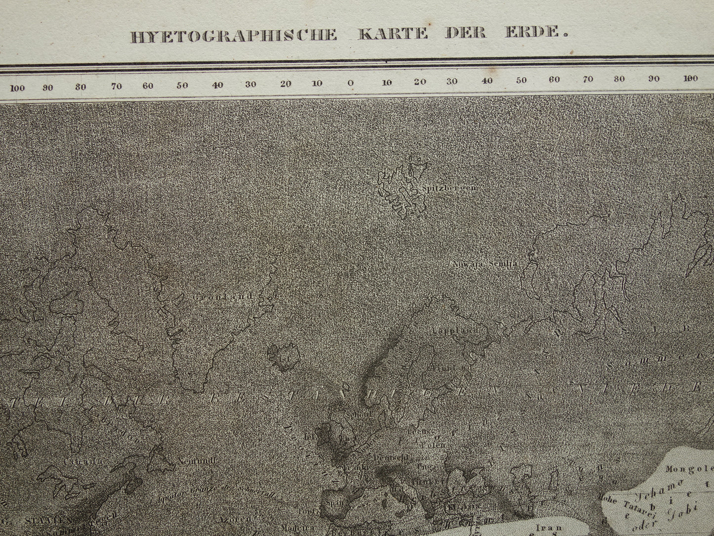 Oude kaart van de wereld regenval / neerslag 1850 originele antieke wereldkaart metereologie klimaat