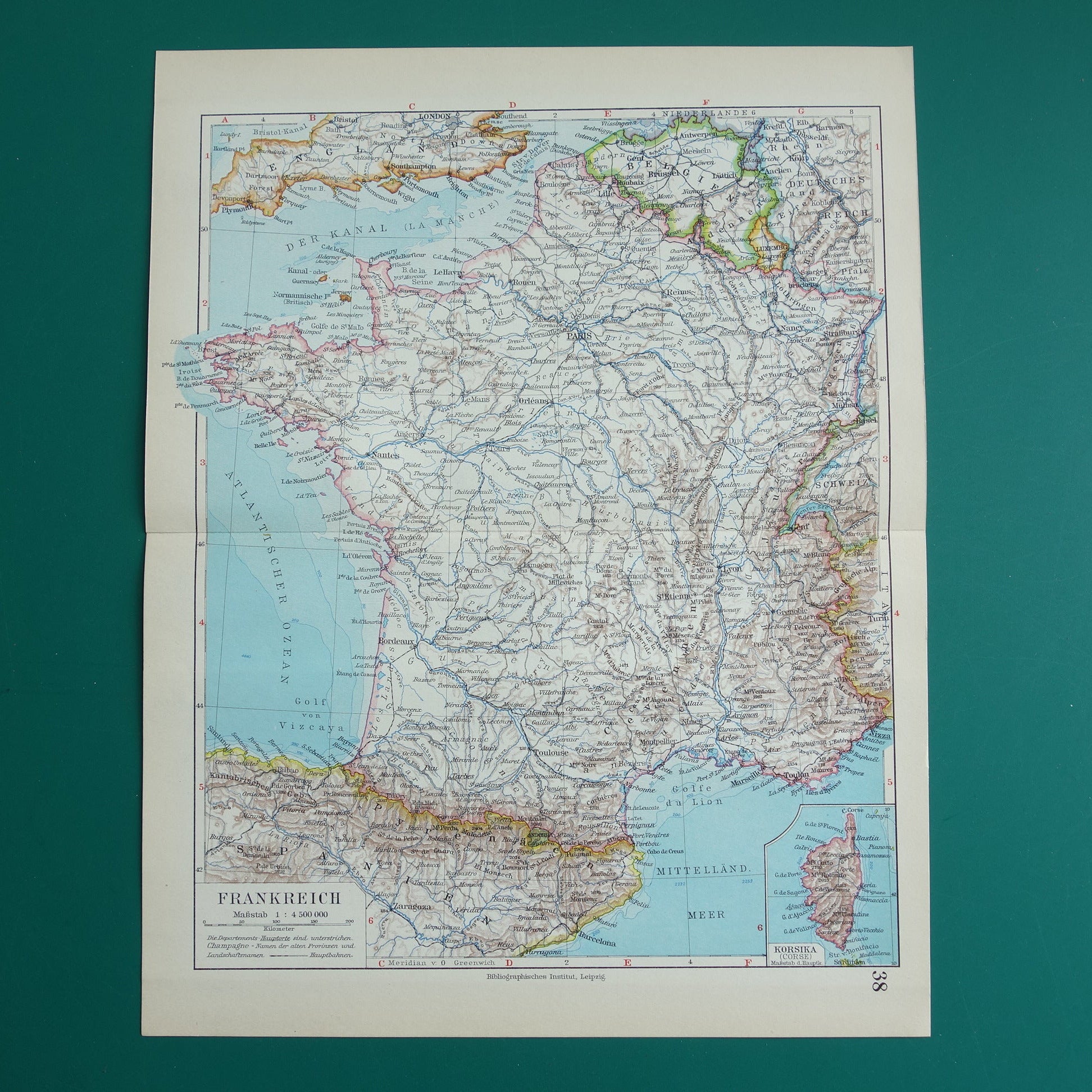 FRANKRIJK vintage kaart van Frankrijk 1928 originele oude Duitse landkaart