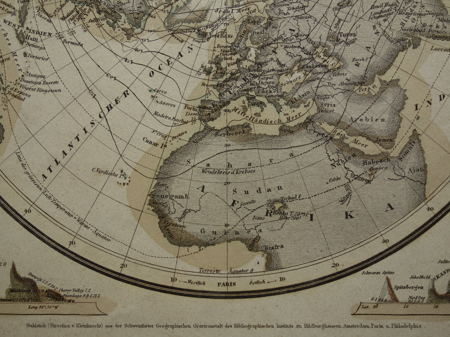 Oude kaart van het Noordpoolgebied uit 1850 originele antieke landkaart van de Arctische regio Groenland klimaat temperatuur Noordpool