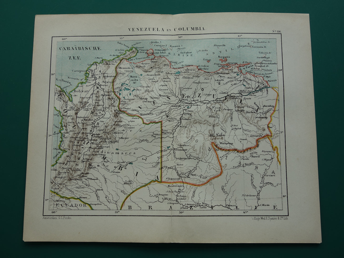 Venezuela en Colombia oude landkaart originele antieke Kuyper kaart uit 1882 vintage kaarten