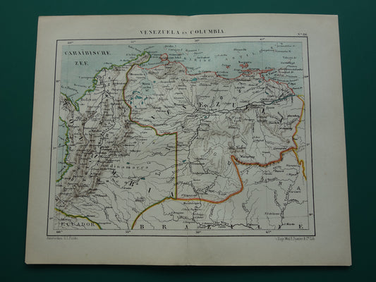 Venezuela en Colombia oude landkaart originele antieke Kuyper kaart uit 1882 vintage kaarten