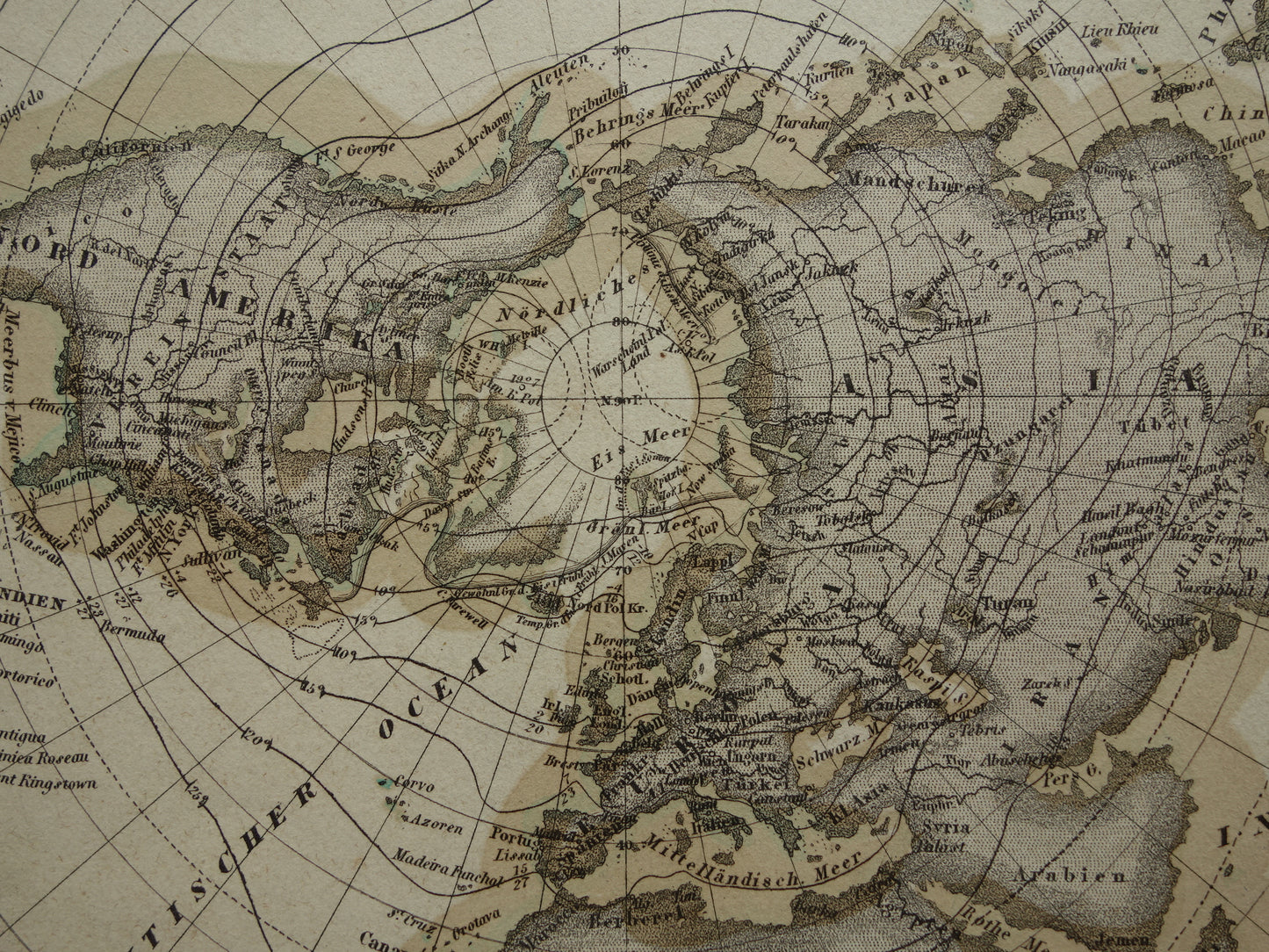 Oude kaart van het Noordpoolgebied uit 1850 originele antieke landkaart van de Arctische regio Groenland klimaat temperatuur Noordpool