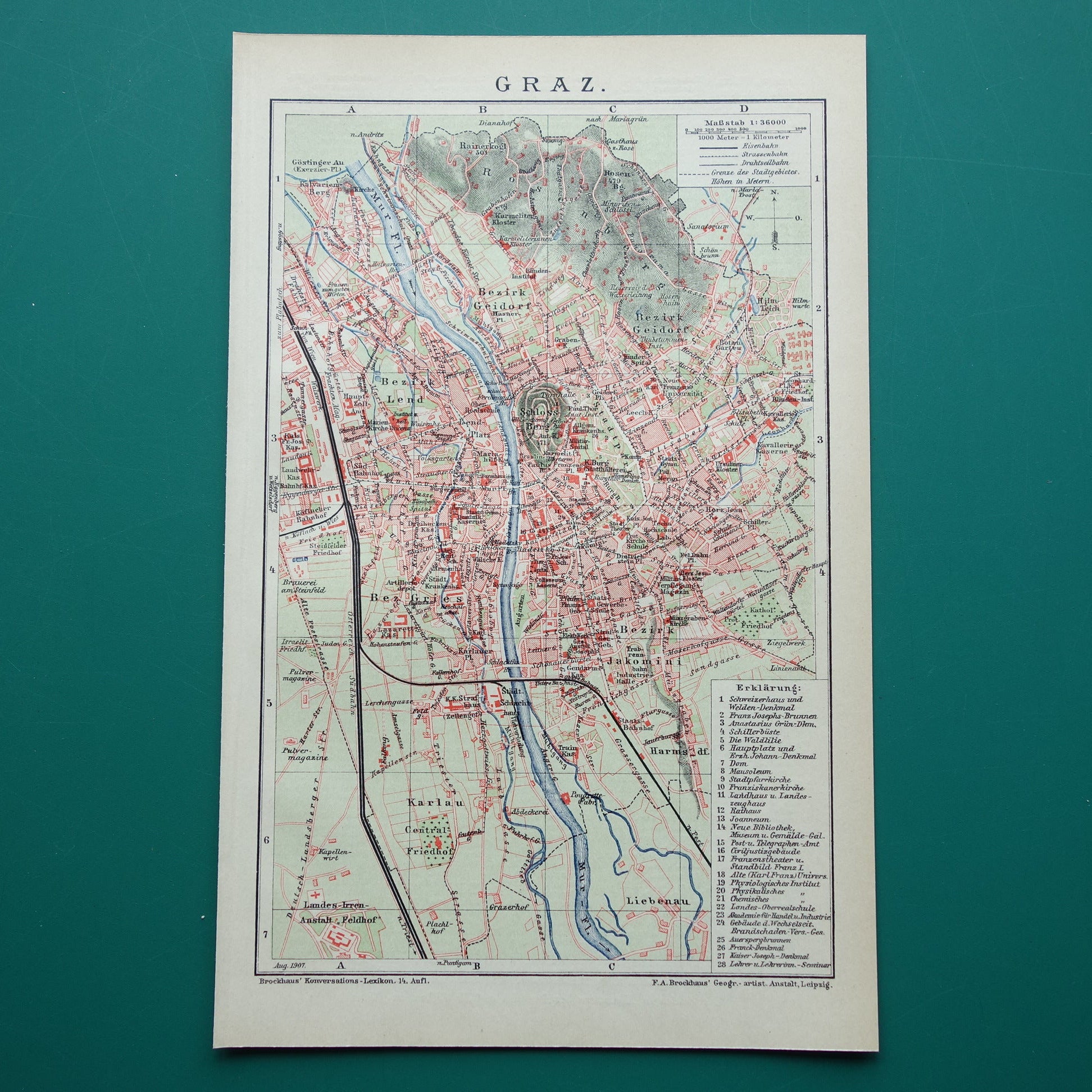 GRAZ oude plattegrond van Graz Oostenrijk uit 1907 - originele kleine vintage historische kaart met jaartal