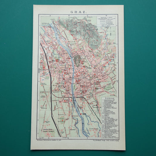 GRAZ oude plattegrond van Graz Oostenrijk uit 1907 - originele kleine vintage historische kaart met jaartal