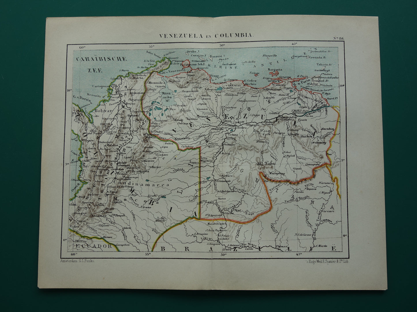 Venezuela en Colombia oude landkaart originele antieke Kuyper kaart uit 1882 vintage kaarten