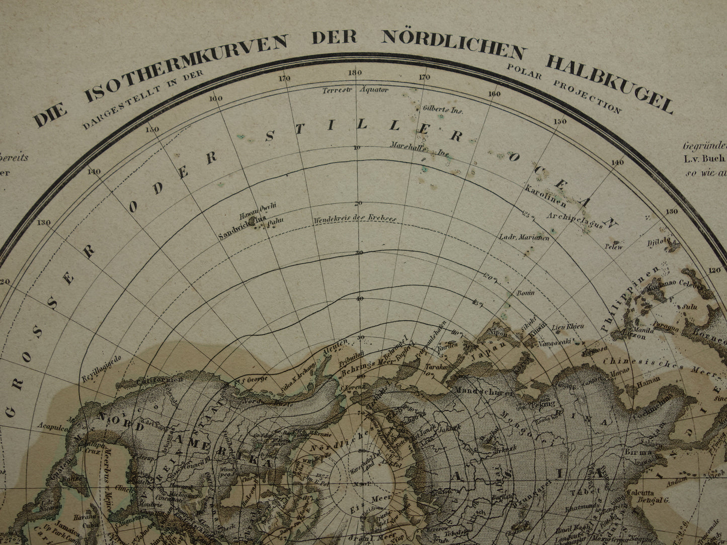 Oude kaart van het Noordpoolgebied uit 1850 originele antieke landkaart van de Arctische regio Groenland klimaat temperatuur Noordpool