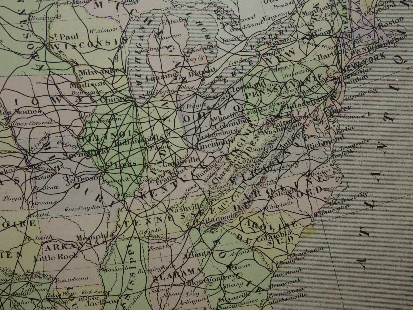 VERENIGDE STATEN Oude landkaart VS met spoorwegen Originele antieke kaart spoorlijnen