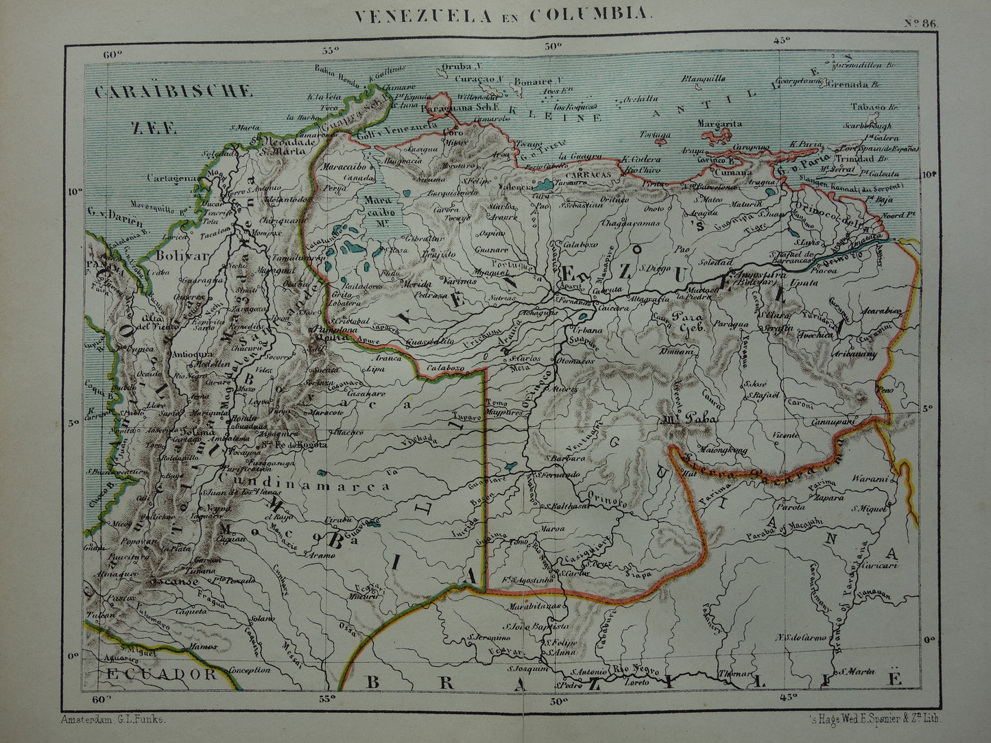 Venezuela en Colombia oude landkaart originele antieke Kuyper kaart uit 1882 vintage kaarten