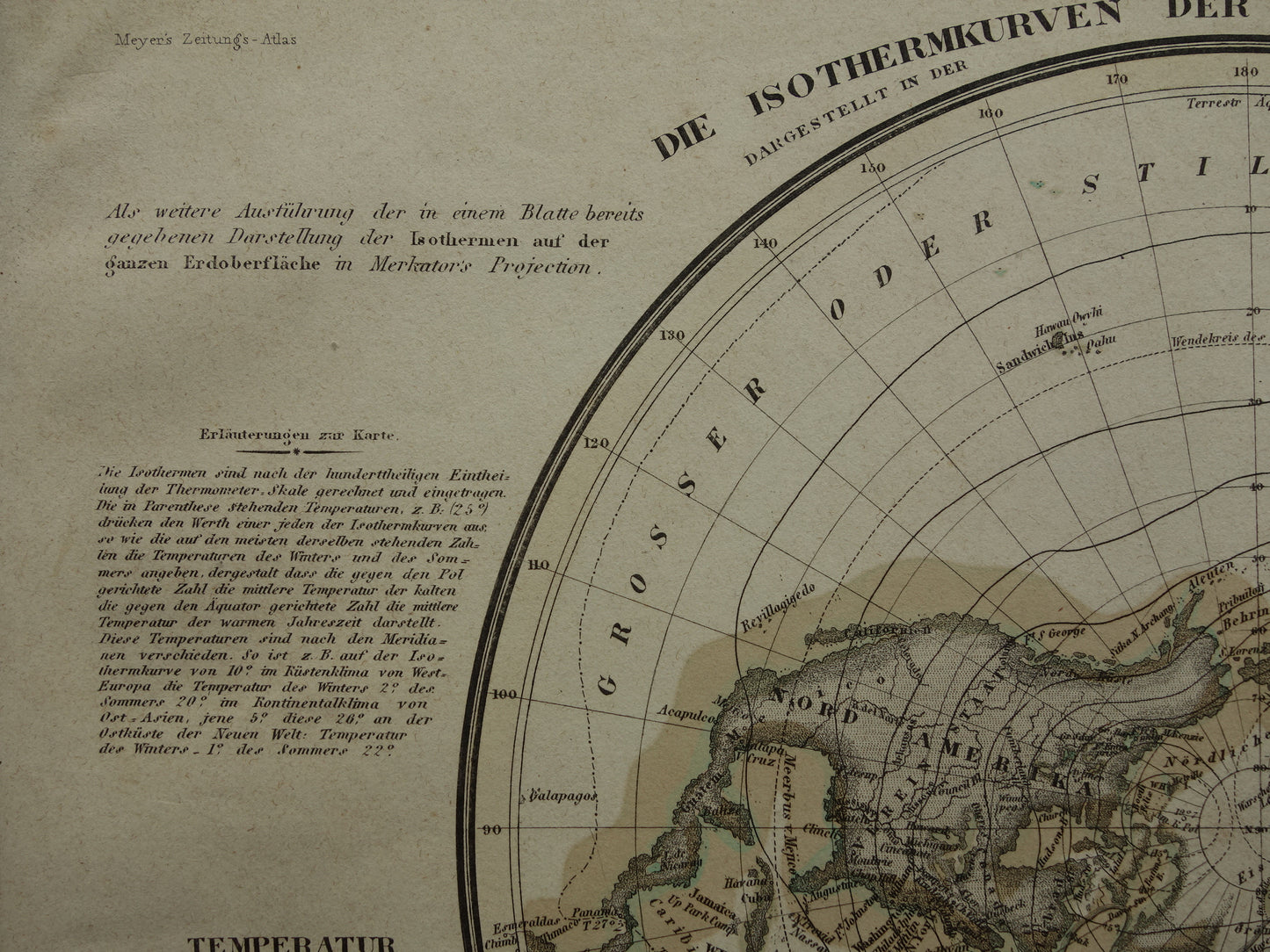 Oude kaart van het Noordpoolgebied uit 1850 originele antieke landkaart van de Arctische regio Groenland klimaat temperatuur Noordpool